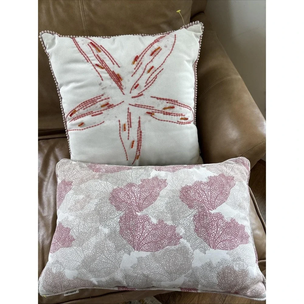 Pier 1 Imports Decorative Coastal Throw Pillows Lot Of 2 Starfish Coral Tan EUC